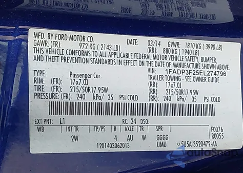 2014 Ford Focus Se z USA, uszkodzony, nr VIN 1FADP3F25EL274796